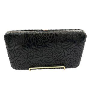Bifold Wallet Black Embossed Floral Gold Metal Hardware ID Card Holder Push Lock